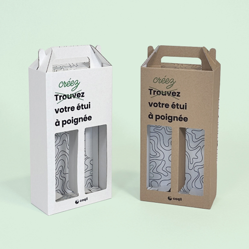 étui en carton avec fenêtres et poignée de transport pour lot de 2 bouteilles